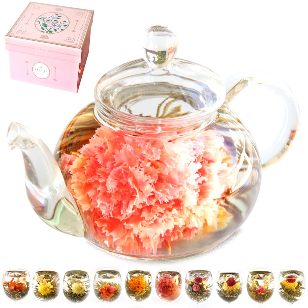 RIMTAE プレゼント 人気 ギフト カーネーション 花 咲く お茶 工芸茶10種類とガラスティーポット詰合せ 優雅セット プレゼント お茶＆茶器セット