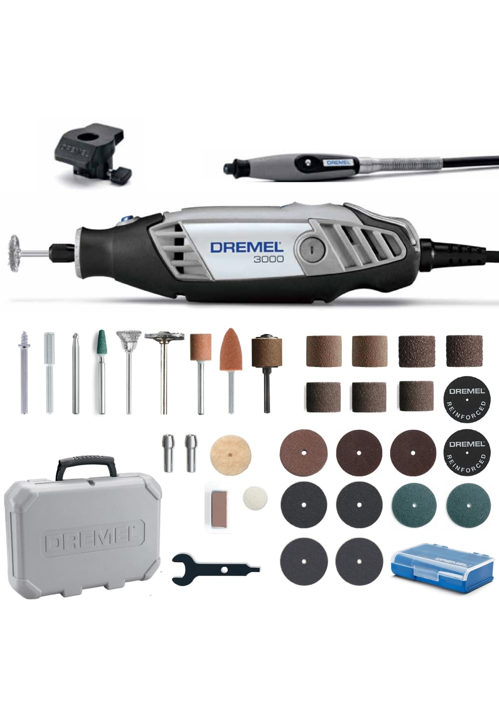 Dremel(ドレメル) ハイスピードロータリーツール(50Hz/90W)〔3000-2/30-50〕切削工具 2+21種30ピース入り 最大32,000回転/分 リューター 彫刻/削り出し/研磨/切断/切削/汚れ落とし/磨き/研削/研ぎ・刃付け 【欠品中】