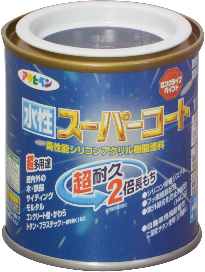 4970925411501 アサヒペン 塗料 ペンキ 水性スーパーコート 1/12L なす紺 水性 多用途 ツヤあり 1回塗り 超耐久 ロングライフペイント 特殊フッ素樹脂配合 サビドメ剤配合 紫外線劣化防止剤配合 シックハウス対策品 日本製