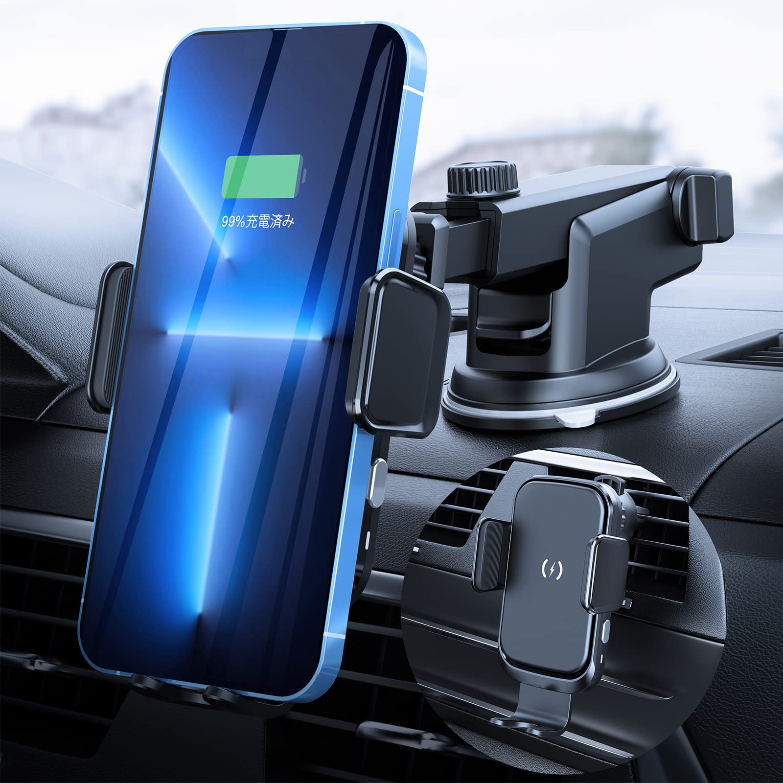 車載ワイヤレス充電器 スマホホルダー 車 ワイヤレス充電 【15W急速充電 自動開閉】 車載ホルダー スマホスタンド 車 iPhone 16/15 /14 /13/12/11シリーズ/XS/XR / 8 / Samsung S8 / S9 / S10 qi機種対応 4.0-7.0インチに対応 360度回転 片手操作 エアコン吹き出し口用 日本語説明書