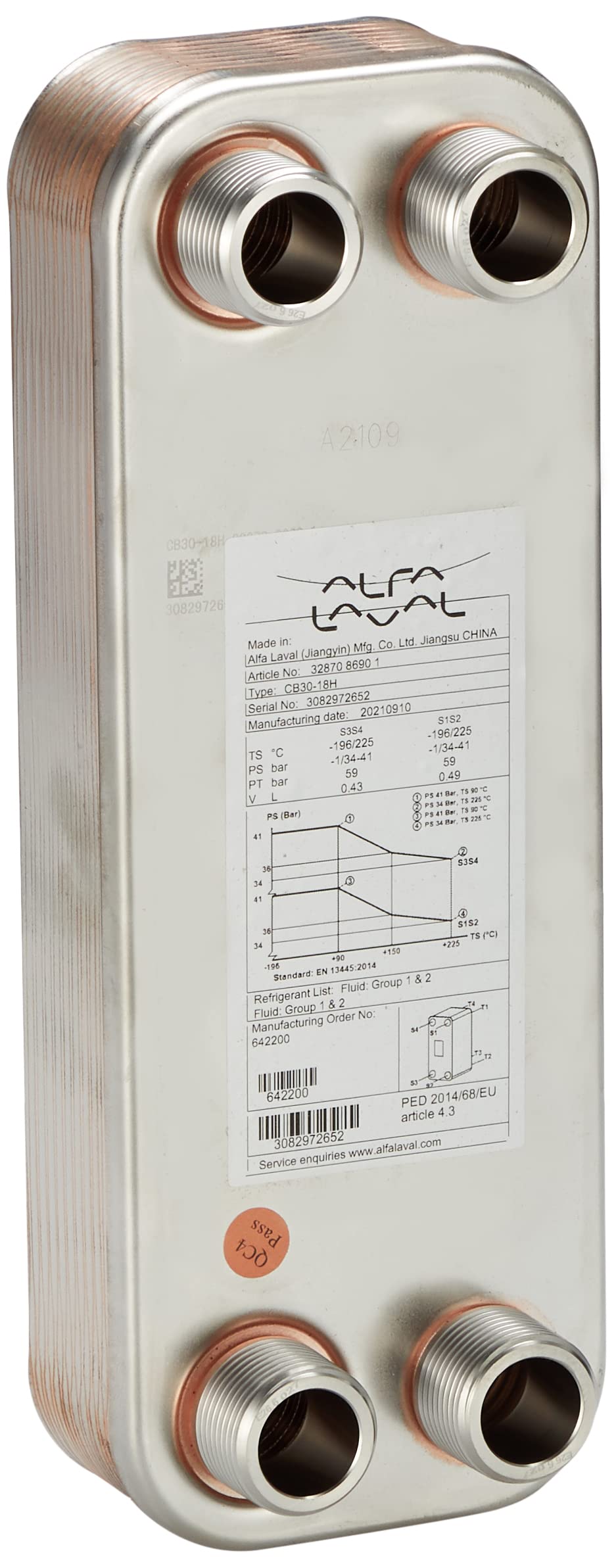 CB30-18H アルファ・ラバル株式会社 ブレージング式熱交換器 CB30-18H 取り合い寸法 横×縦(mm) 50 X 250 冷却能力 40kW 設計温度 150/-100 ℃ 設計圧力 3.6Mpa シルバー