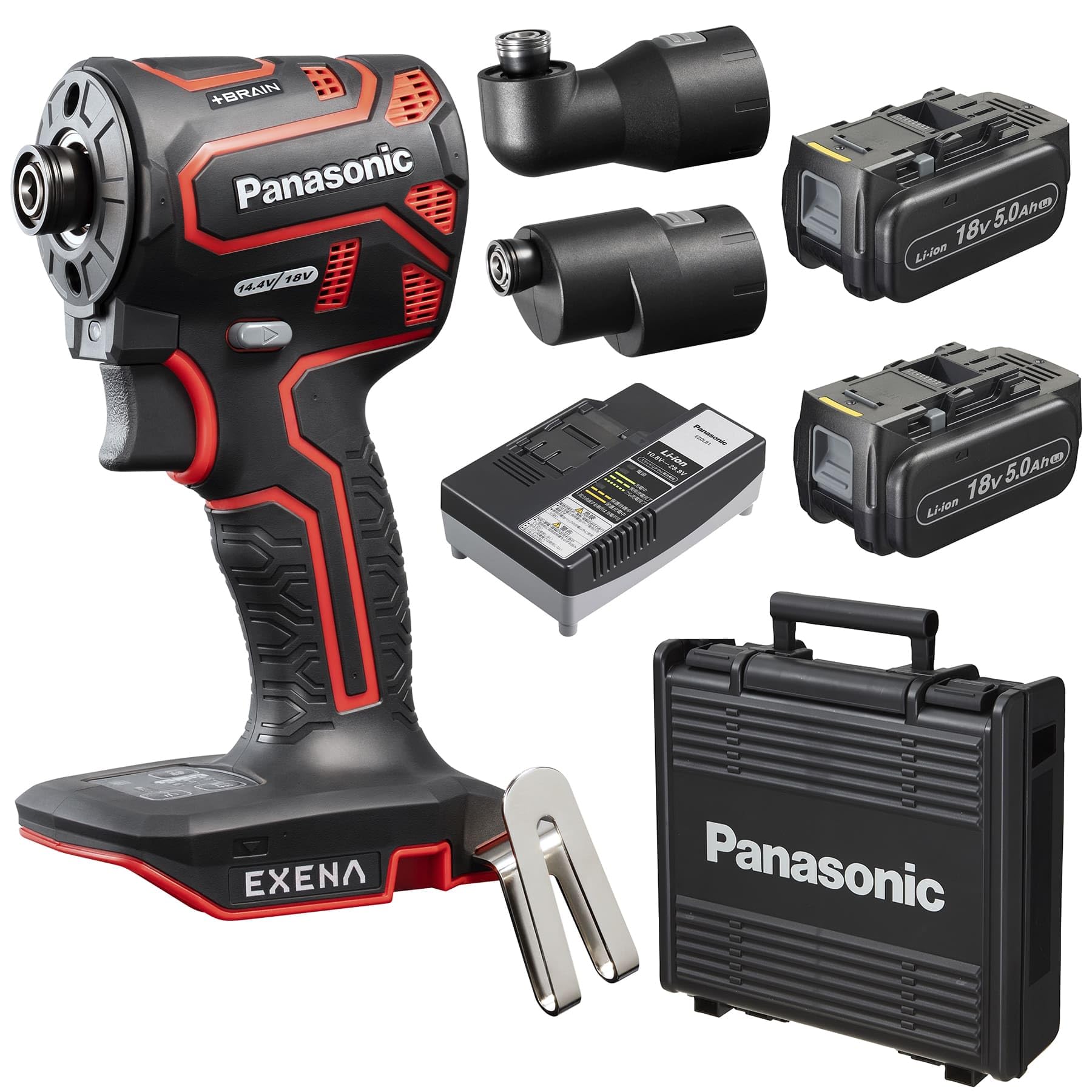 パナソニック 充電インパクトドライバー EXENA (18V 5.0Ah電池パック×2個/充電器/アタッチメント/プラスチックケース付) デュアル(14.4V/18V対応)+BRAIN 電子クラッチ搭載 Pシリーズ EZ1PD1J18A1R レッド