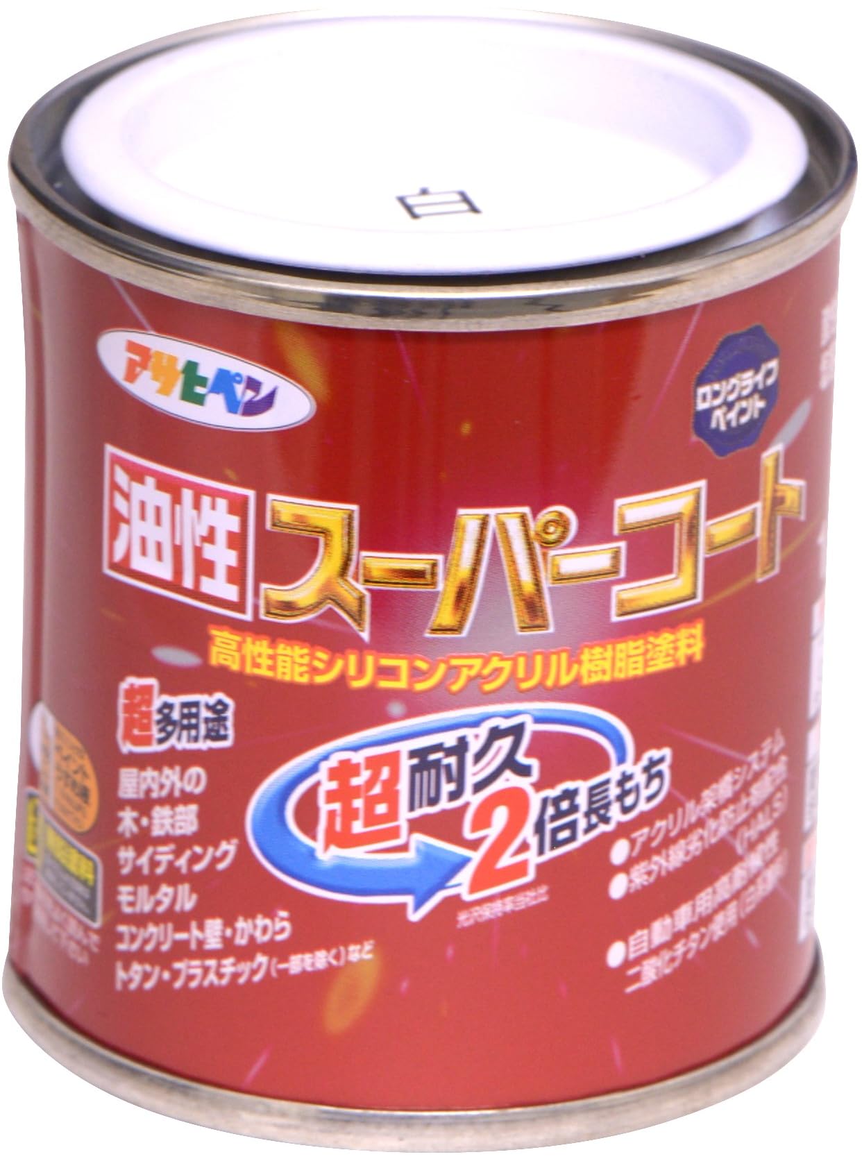 4970925541017 アサヒペン 塗料 ペンキ 油性スーパーコート 1/12L 白 油性 多用途 ツヤあり 1回塗り 超耐久 ロングライフペイント サビドメ剤配合 紫外線劣化防止剤配合 日本製