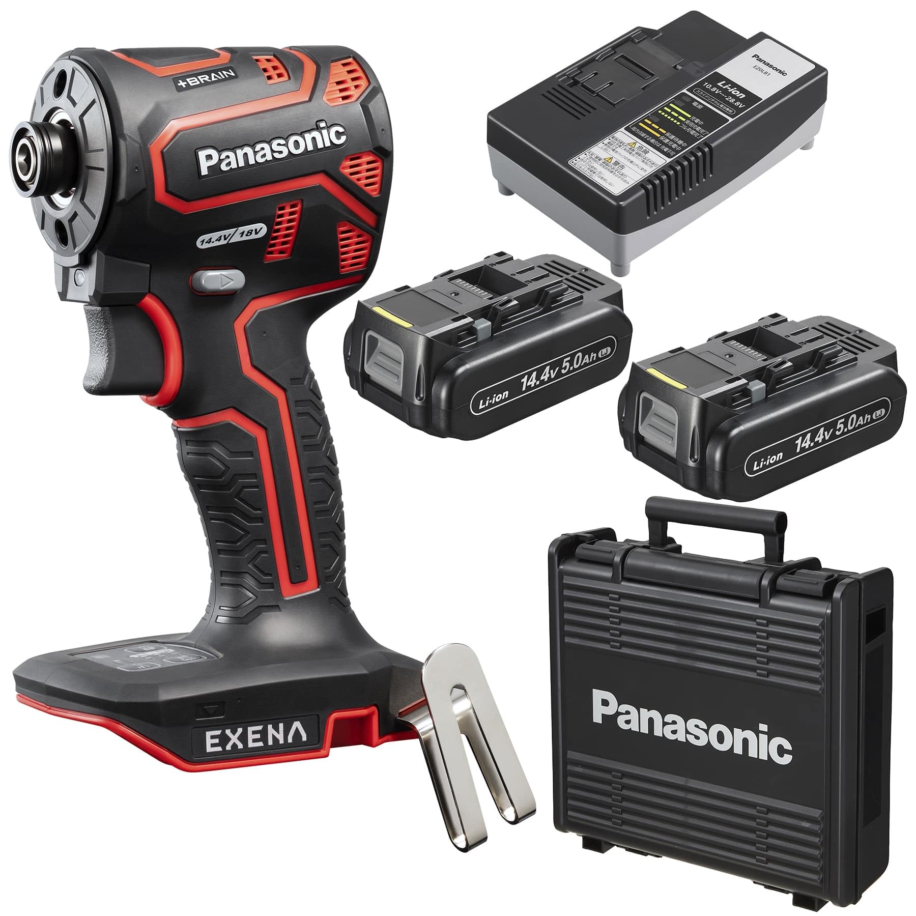 パナソニック 充電インパクトドライバー EXENA (14.4V 5.0Ah電池パック×2個/充電器/プラスチックケース付) デュアル(14.4V/18V対応)+BRAIN 電子クラッチ搭載 Pシリーズ EZ1PD1J14D-R レッド 【欠品中】