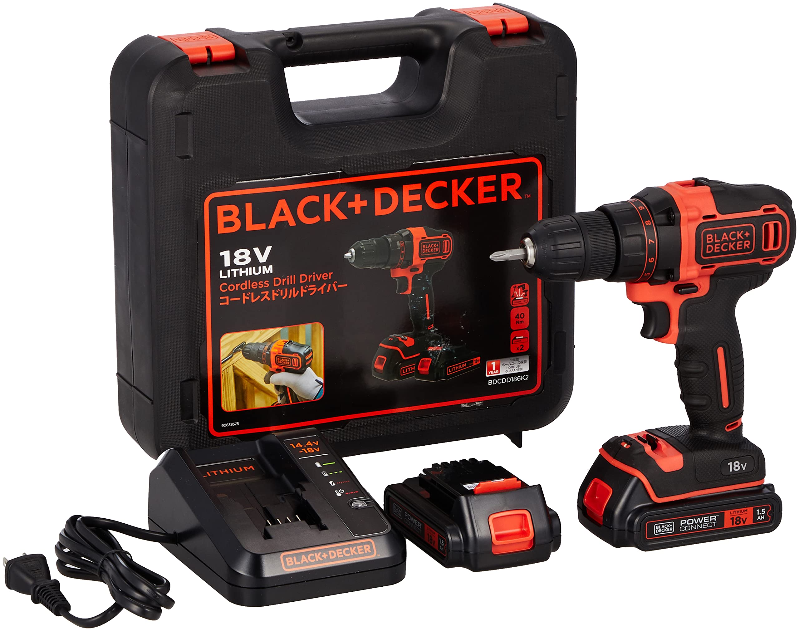 BDCDD186K2 ブラックアンドデッカー(BLACK+DECKER) コードレス ドリルドライバー DIY 電動工具 穴あけ 締付工具 18V リチウム 電池 2個付き BDCDD186K2