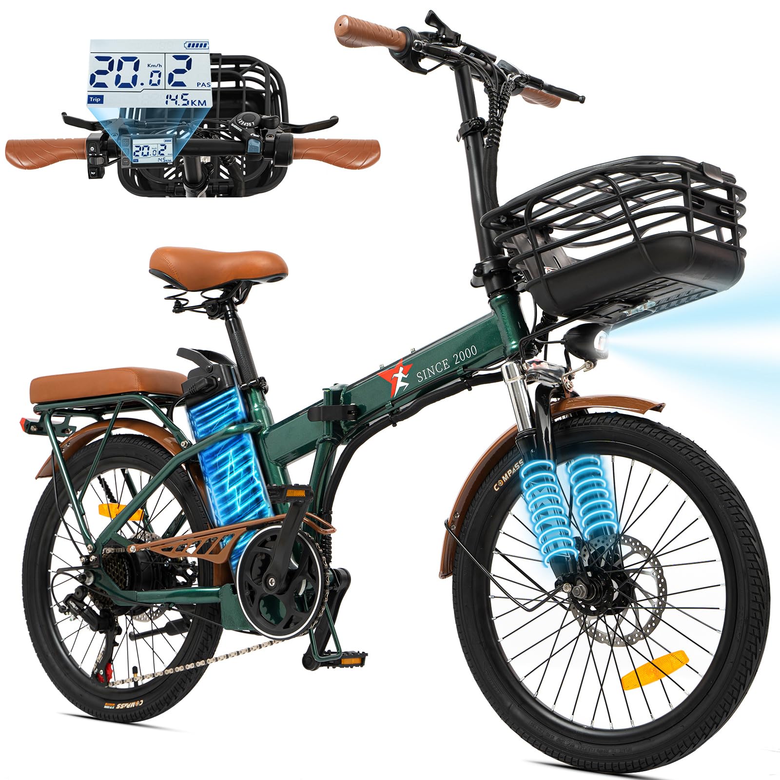 PEEZ 電動アシスト自転車 折りたたみ 軽量 コンパクト 20インチ 免許不要 5段アシスト シマノ製7段変速ギア サスペンション搭載 バスケット 最大走行距離85㎞ 通勤 公道可 27度までの坂道に対応 防水機能 軽量 耐震性 頑丈 耐荷重120kg 日本語取扱説明書付き